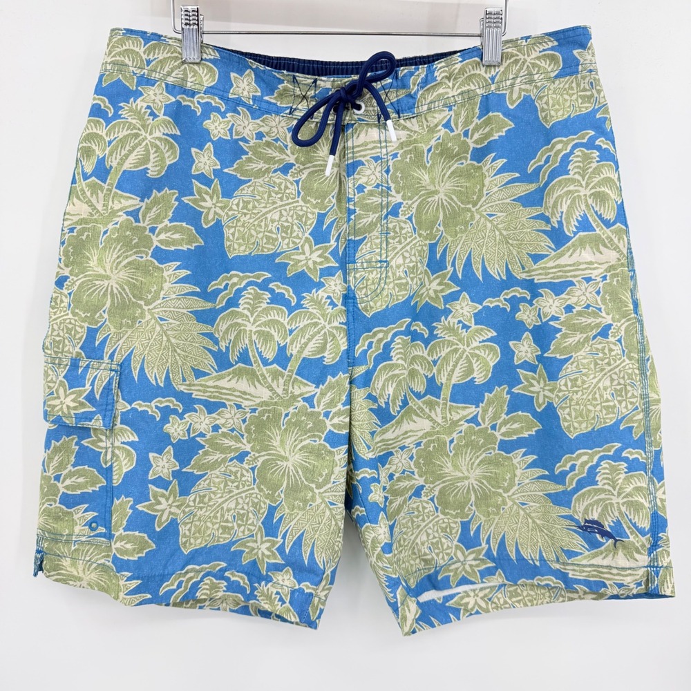 Tommy Bahama Mens XL Blue Green Tropical Palm Tree Floral Cargo Swim Trunks